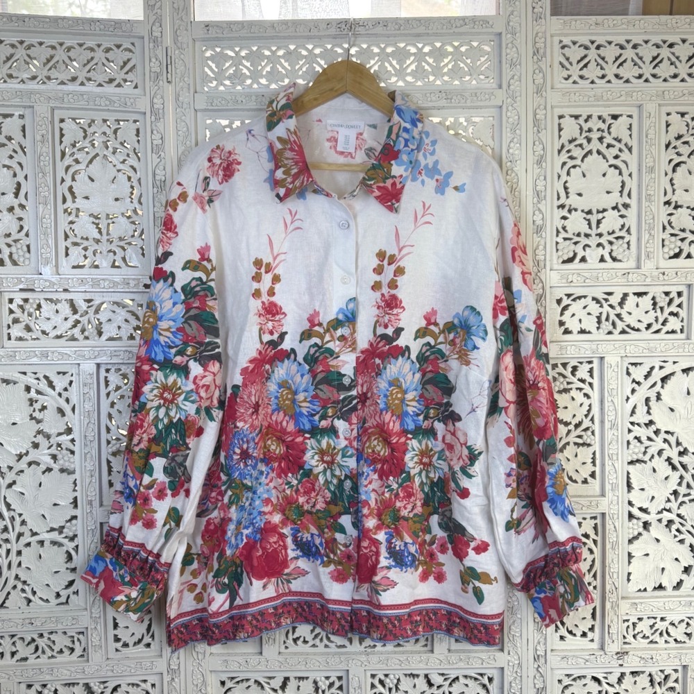 Cynthia Rowley Linen Blend Floral‎ Long Sleeve Blouse Womens 1X Button Up Beachy